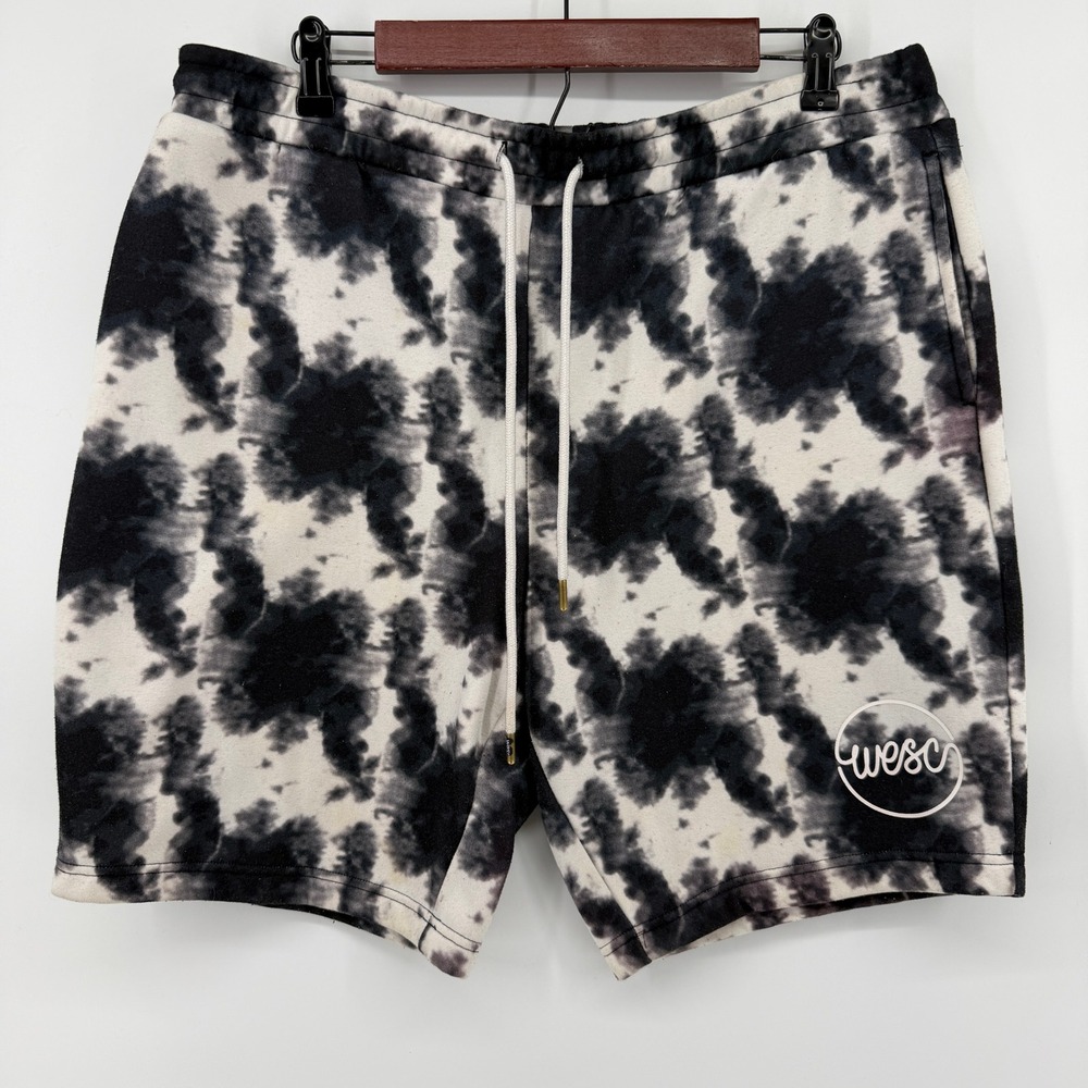 WeSC Sweat Shorts Mens L Black White Tie Dye Fleece Drawstring Pockets Street